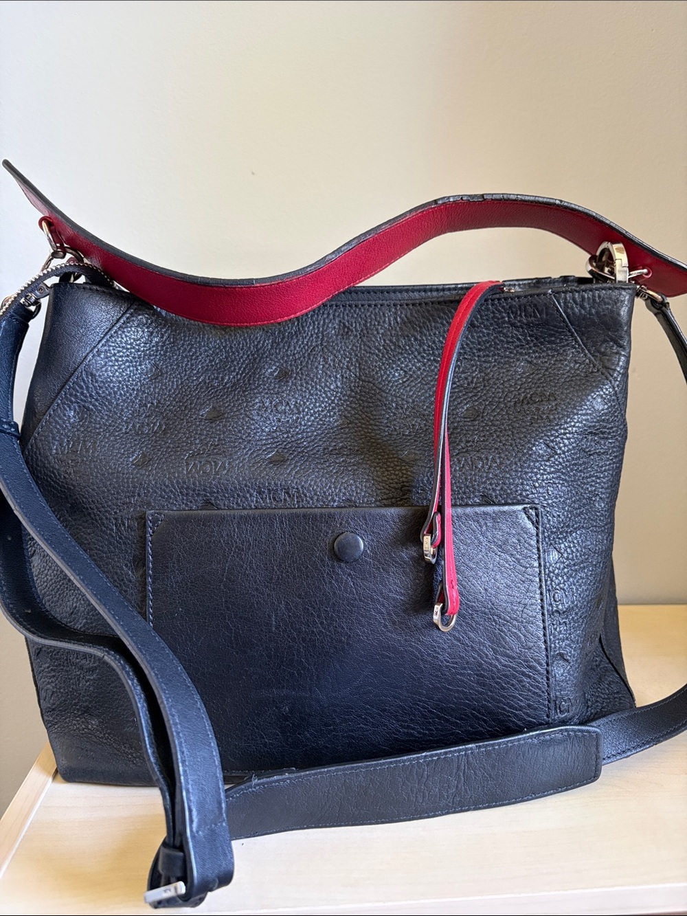 MCM Ottomar Klara Hobo Shoulder Leather Black Bag with Red Strap Trim